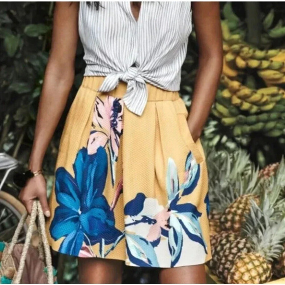 Maeve Anthropologie Yellow Floral Jacquard Textured Mini Skirt Size 14 - Picture 1 of 11